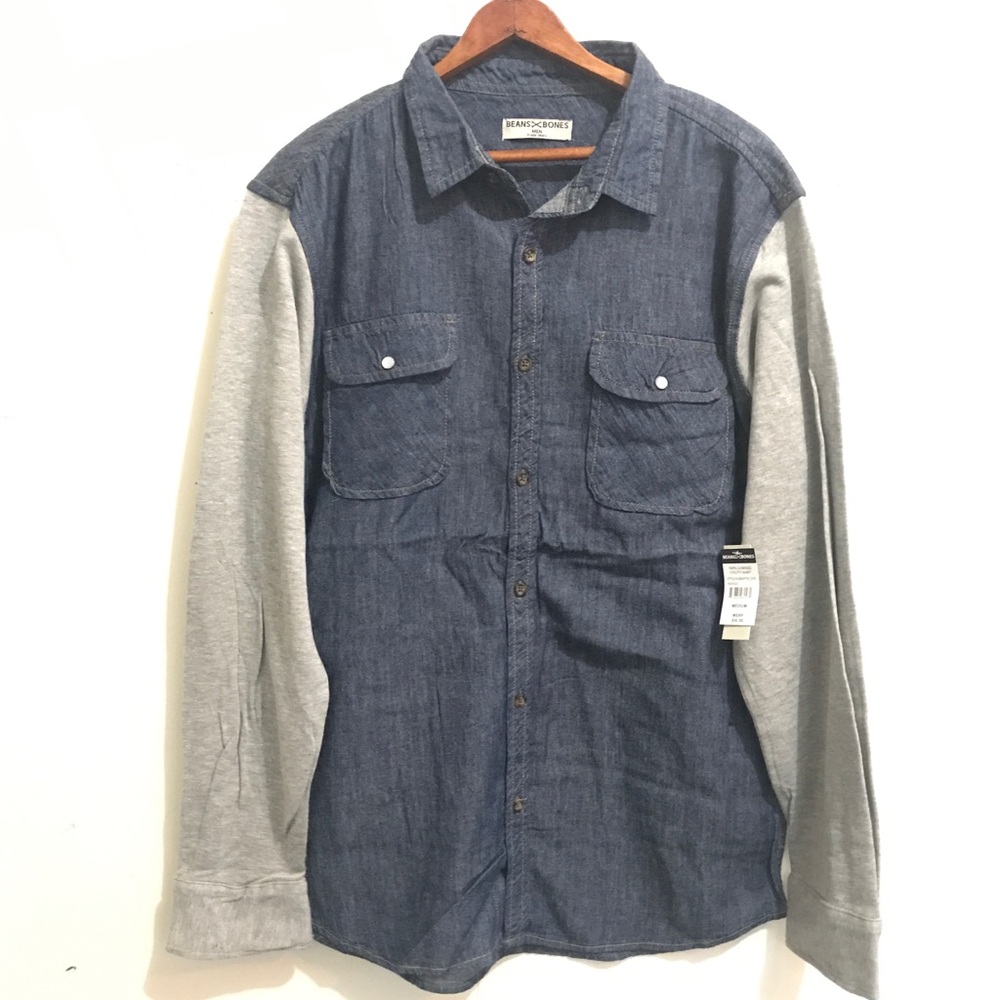 Denim button down shirt w gray fleece Long sleeve